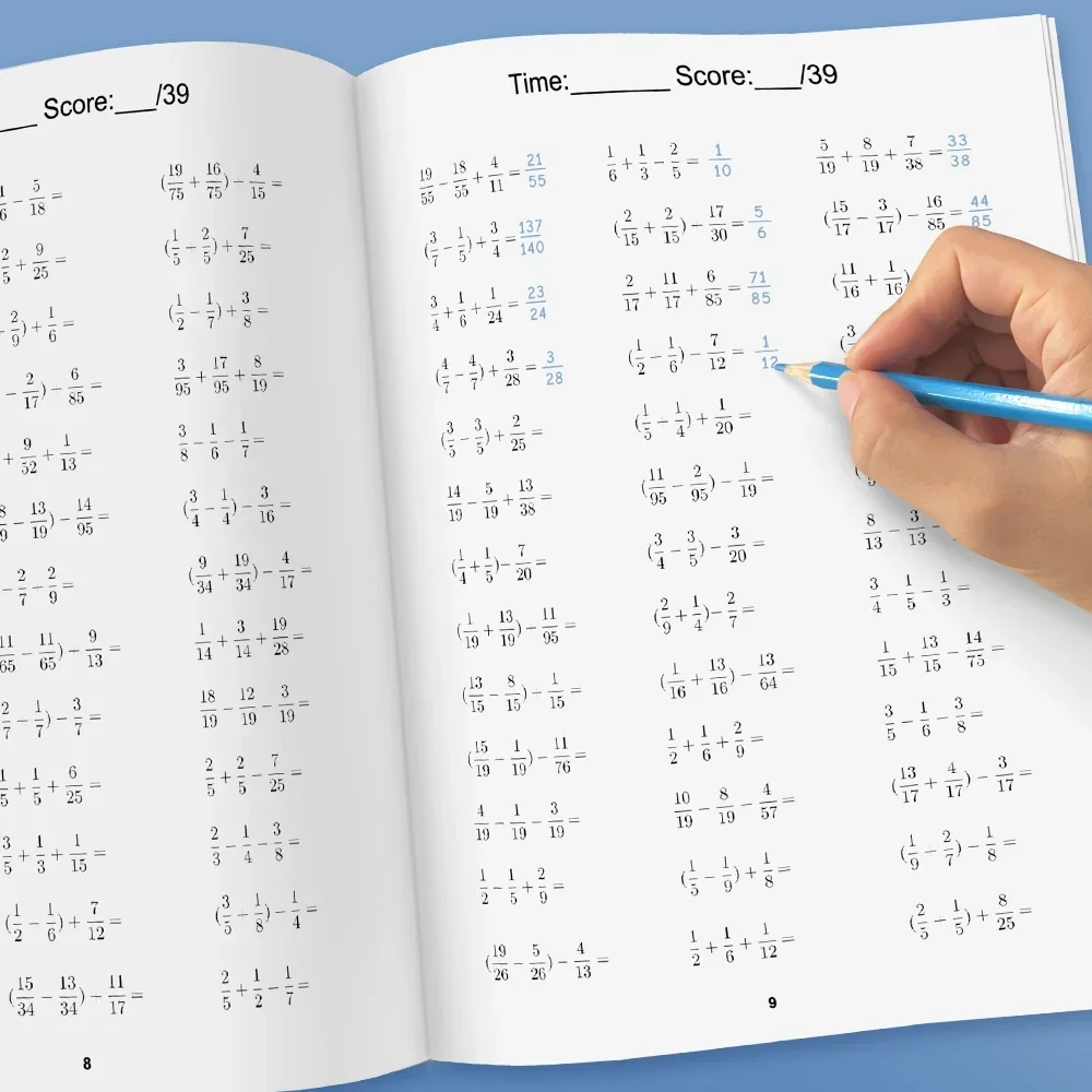 28Pages Adding and Subtracting Fractions with Three Terms- Math Workbook Practice Learning materials for Student Primary School