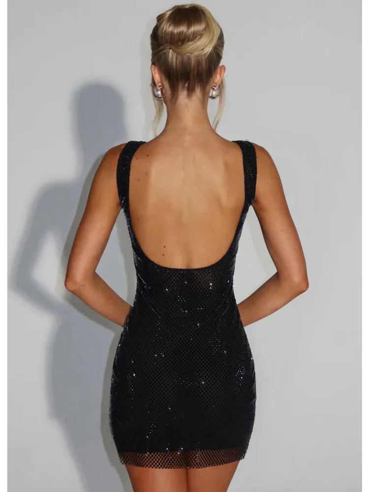 Dfdg feminino 2025 primavera verão glitter lantejoulas vestido de noite strass estilingue aberto volta magro ajuste bodycon mini vestido de festa