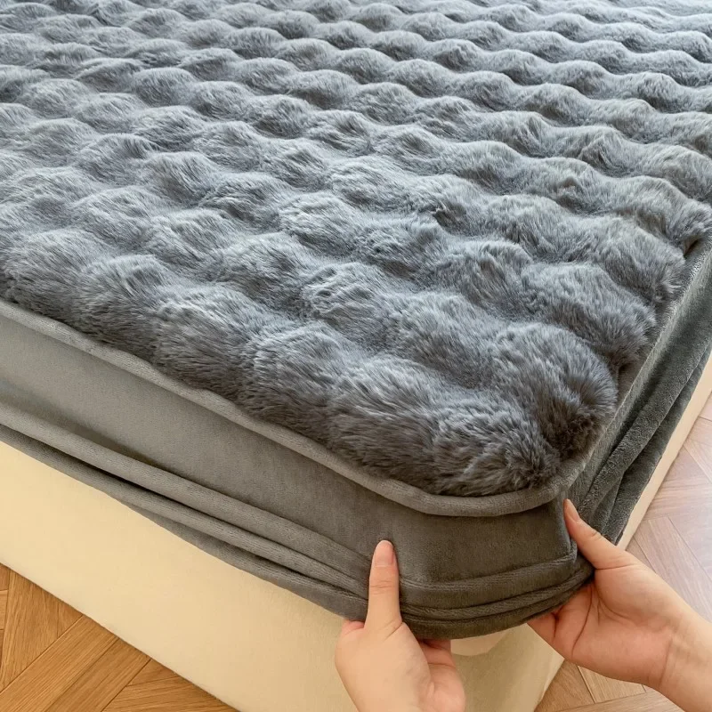 Fluffy Plush Fitted Bed Sheet Solid Color Long Hair Fleece Bed Cover For Double Bed fundas de colchón Winter Warm Mattress Cover