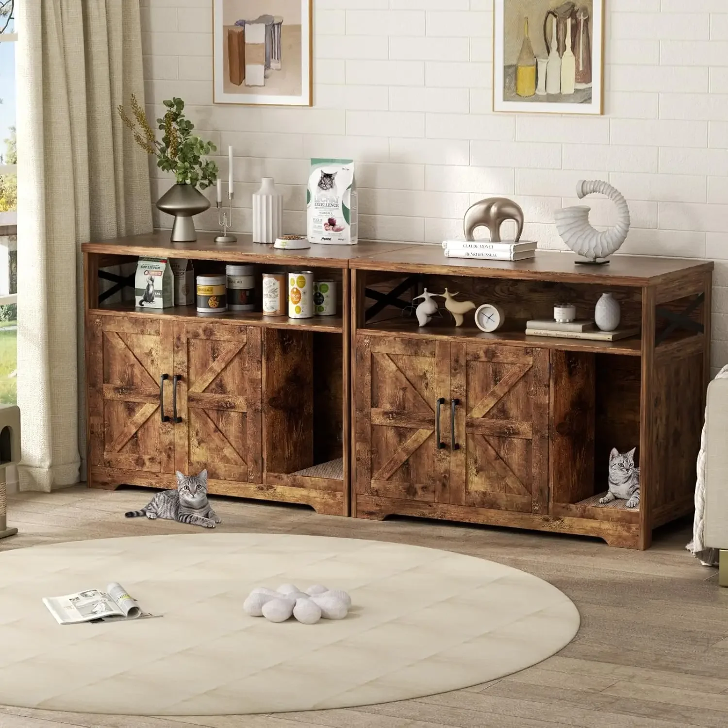 [سعر مخفض، حار بيع! ] حاوية صندوق فضلات القطط، أثاث صندوق فضلات مخفي مع وسادة خدش، بيت قطط داخلي للمزرعة