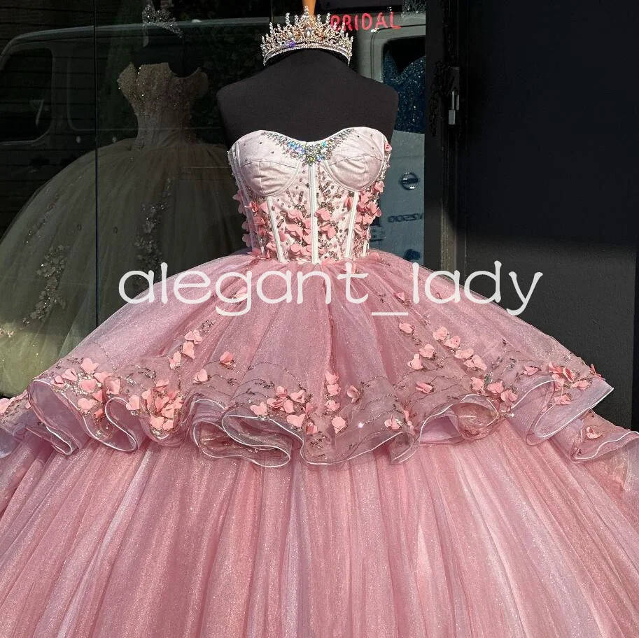 Vestidos de quinceañera de princesa Rosa rubor, 3D vestido Floral, corsé de deshuesado de mariposa, vestido de graduación dulce 15, 2024