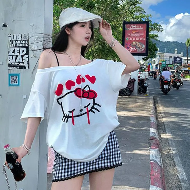 Summer Sanrio Hello Kitty Cartoon Print Large Neckline Short Sleeve Girls T-shirt Sweet Hottie Pure Desire Wind Strapless Tops