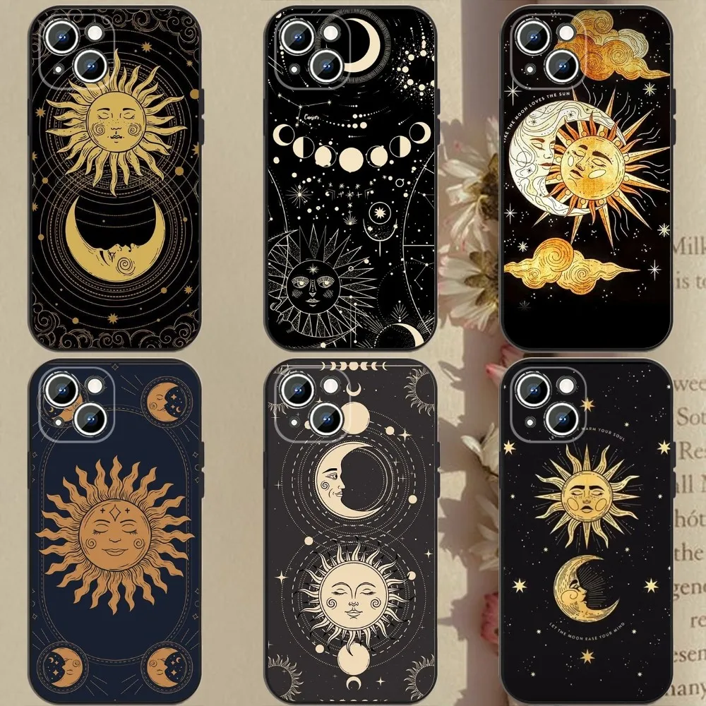 Suns Moons Clouds Astrological Phone Case For Apple iPhone 15,14,13,12,11,XS,XR,X,8,7,Pro,Max,Plus,mini Silicone Black Cover