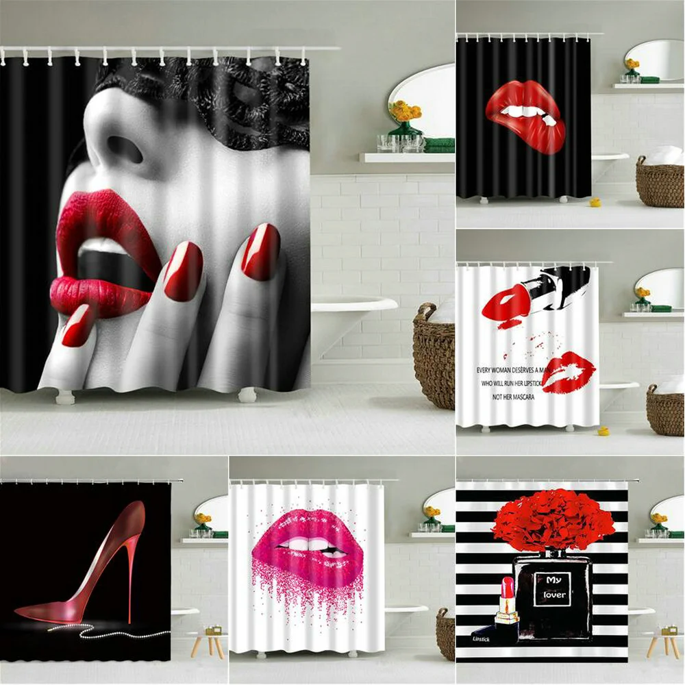 Sexy Red Lips Shower Curtain Mysterious Woman Perfume Bottle Lipstick High Heel Girl Bath Decor Waterproof Fabric Hooks Curtains