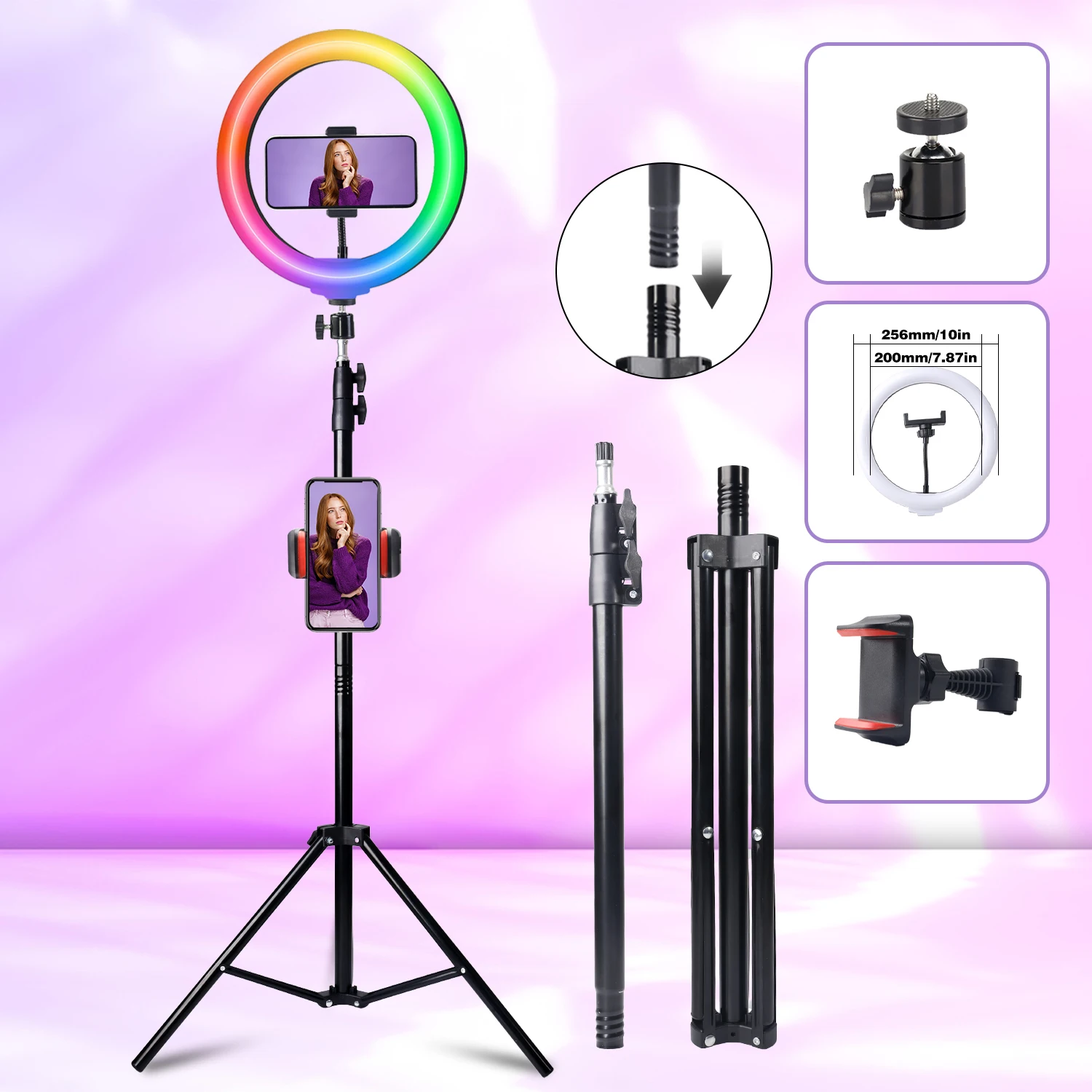 

10/12" RGB Ring Light with 160cm Adjustable Tripod, Phone Holder for YouTube TikTok Studio Photography Video Lighting
