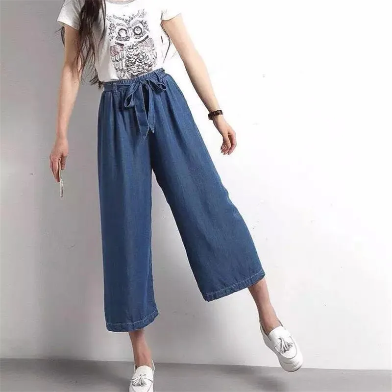 Korean Style 2026 Summer Thin Waist Loose Jeans Women big size Wide Leg Denim Pants Female With Sashes Boyfriend Jean 5XL 6XL