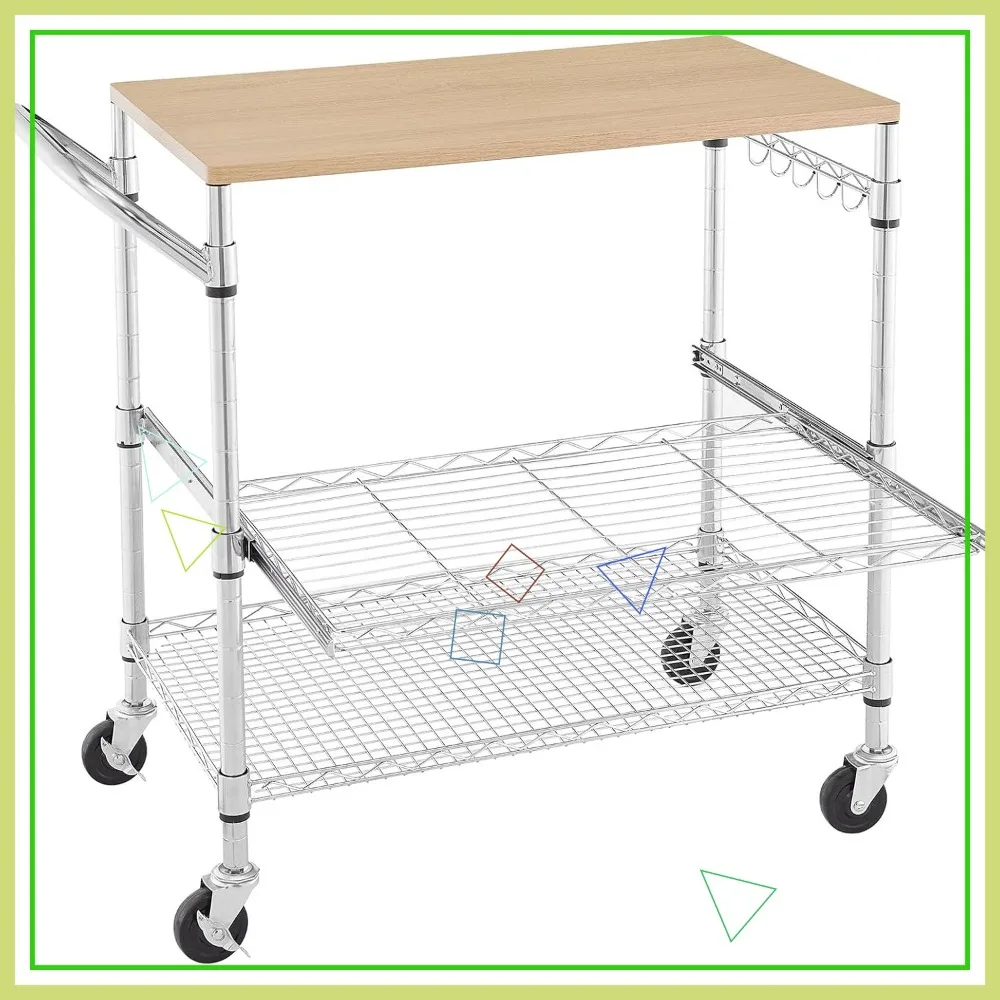 

Трехуровневая кухонная тележка на колесиках с деревянной столешницей, выдвижной полкой и местом для микроволновки, 35,4 дюйма в длину