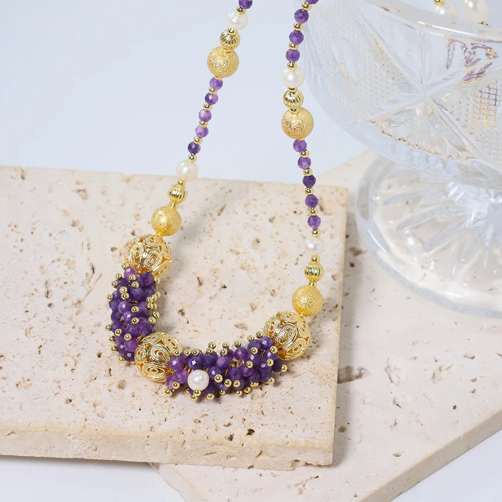 Natural Freshwater Pearl Amethyst Flower Cluster Necklace Korean Women's Luxury Jewelry Fashion Women's and Girls' Gifts GN0621 - Image 2