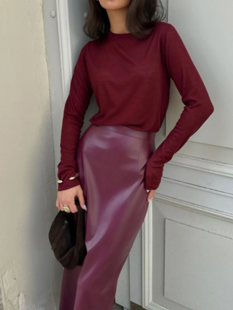 Trendix Women Elegant Burgundy Skirt High Waist Slim Fashion Slit Long Skirts Female Party Slim Club Sexy Vintage PU Skirts 2024