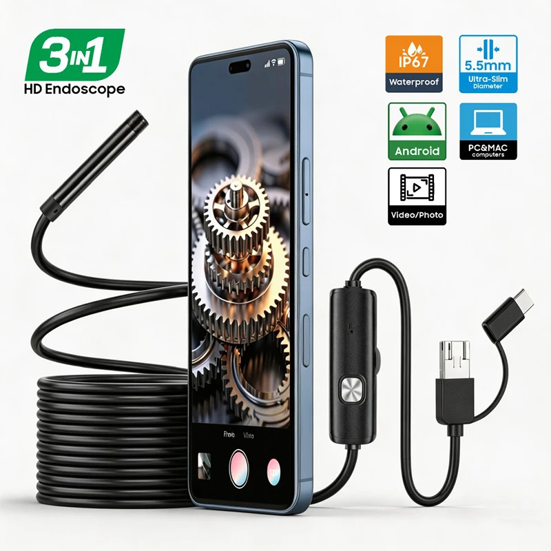 5.5MM Type-C USB MicroUSB Endoscope Camera with 6 Adjustable LEDs Android Flexible Inspection Borescope for Phone PC Car Sewer