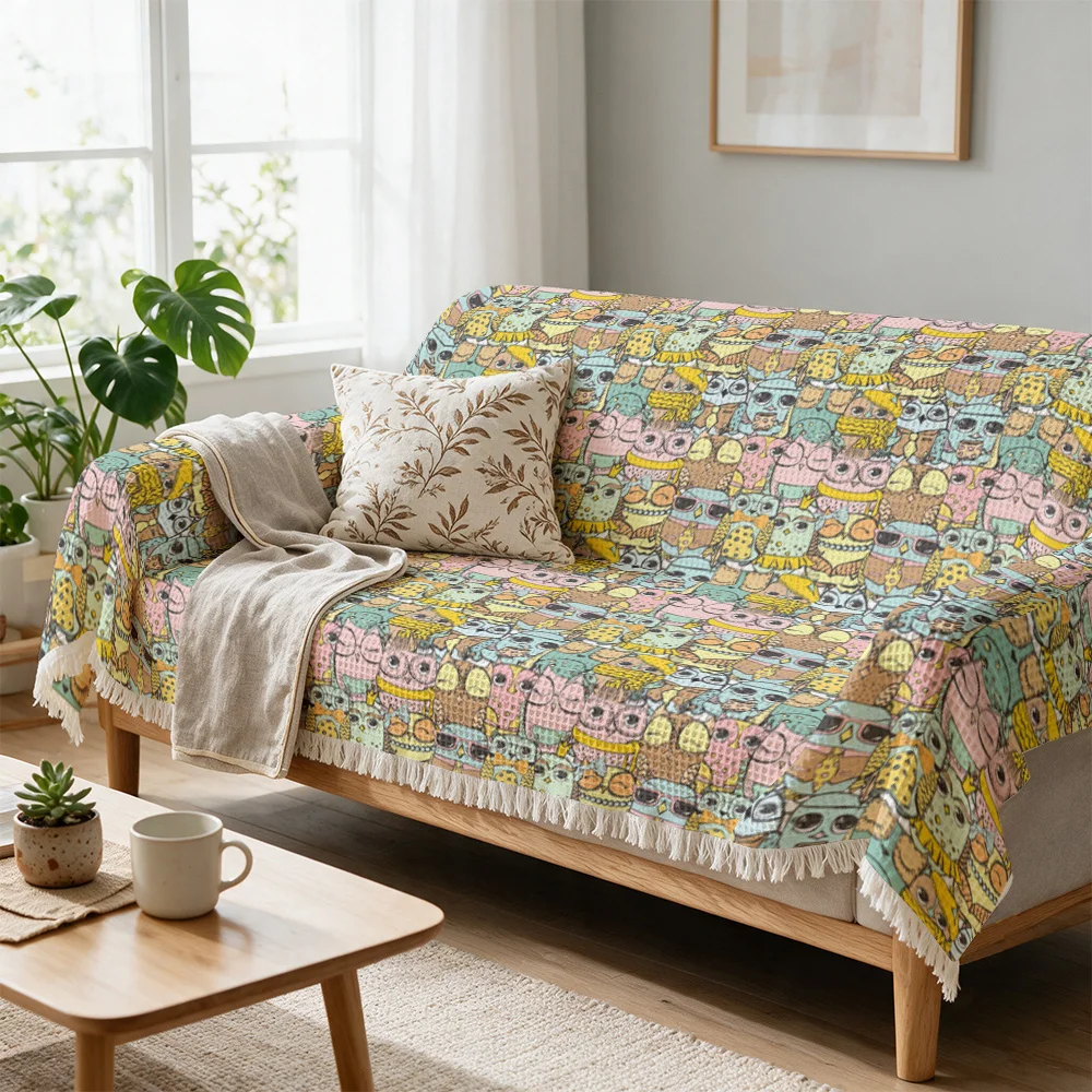 Cute Owl Print Throw Blanket for Sofa Couch Decor Living Room Seating Throw Cozy Nap Cover Rustic Cottage Style