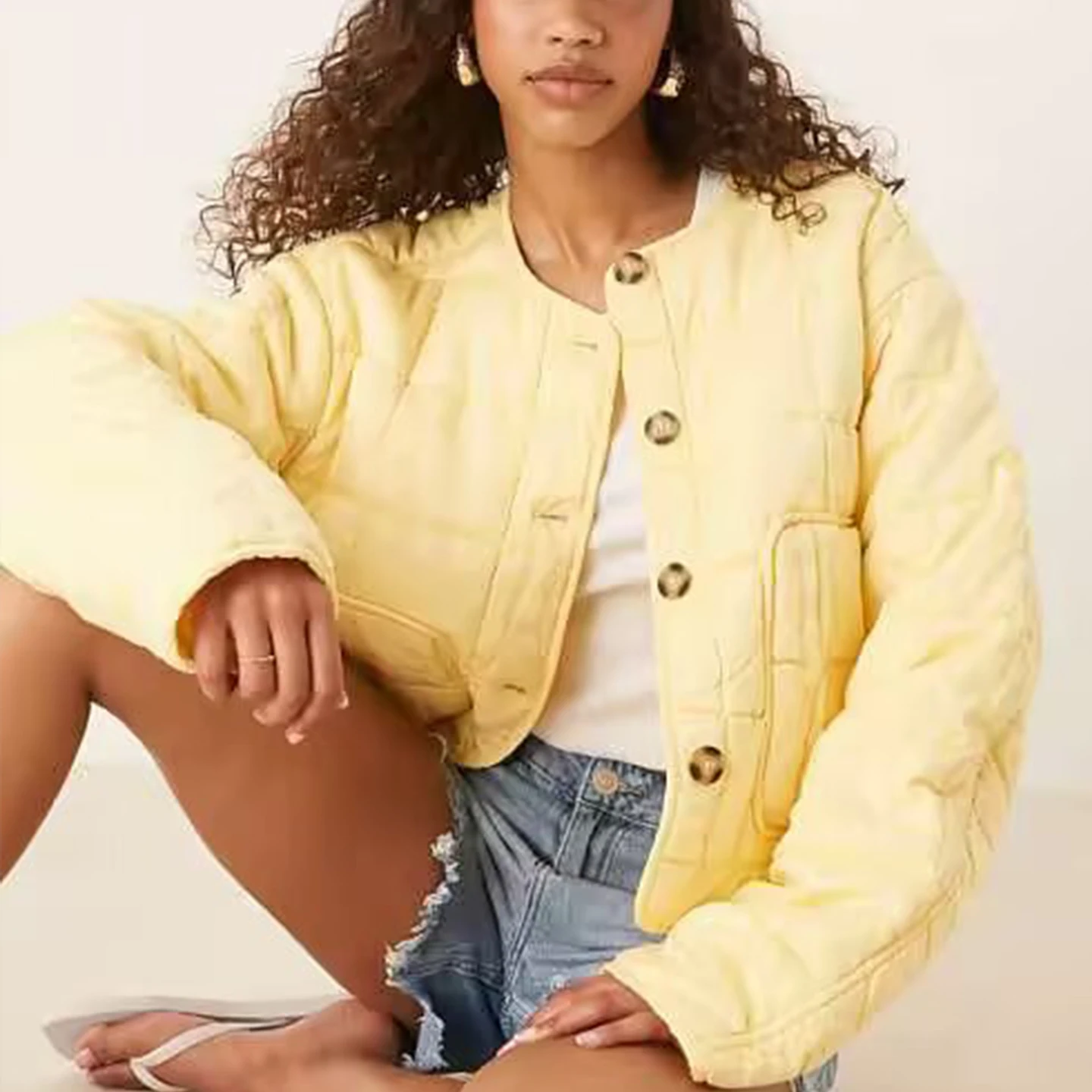 

Dync Color round Ne Quilted Cotton irt id Pattern Women's Autumn New Sle Commute Straight Tube Long Sve