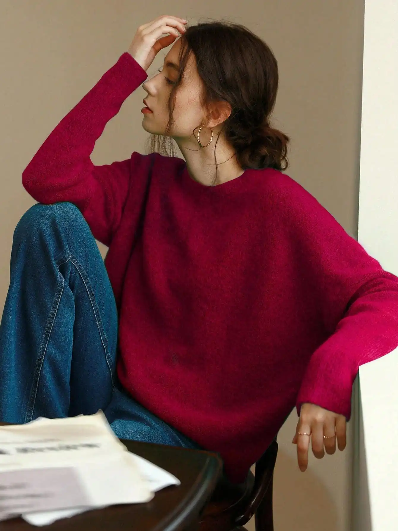 

Elegant Loose Fit Crew Neck Knit Sweater for Women, Casual Long Sleeve Pullover, Autumn Winter Holiday Wear