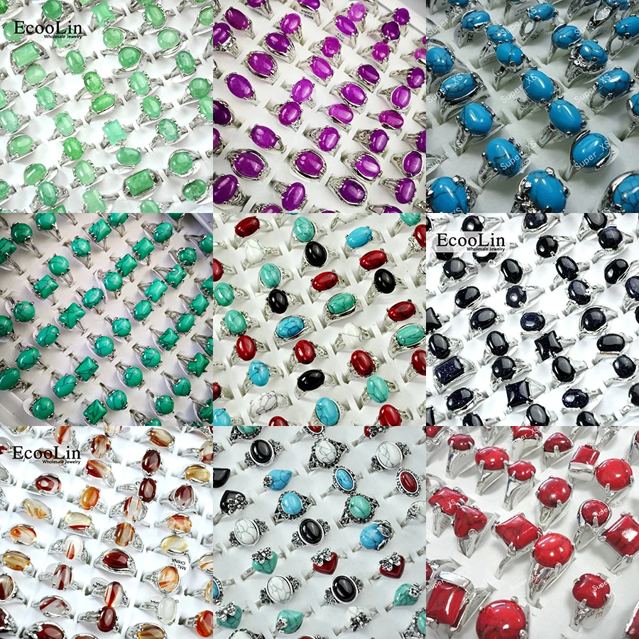 10Pcs/Lot Factory Wholesale Alloy Finger Rings For Women Jewelry Multicolored Natural Stone Amethyst Crystal Turquoise Malachite