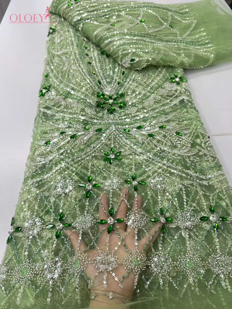 OLOEY Elegant African Nigerian Diamond Beaded Lace High-End Luxury French Sequins Mesh Lace Fabric Women Evening Dress Party view 3