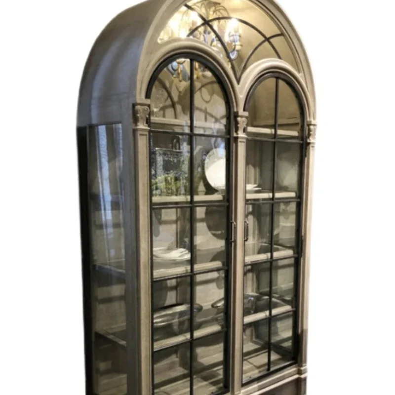 

Customized Architectural Revival Arched Wine Cabinet French Solid Wood Glass Door Display Cabinet Storage Cabinet Meal