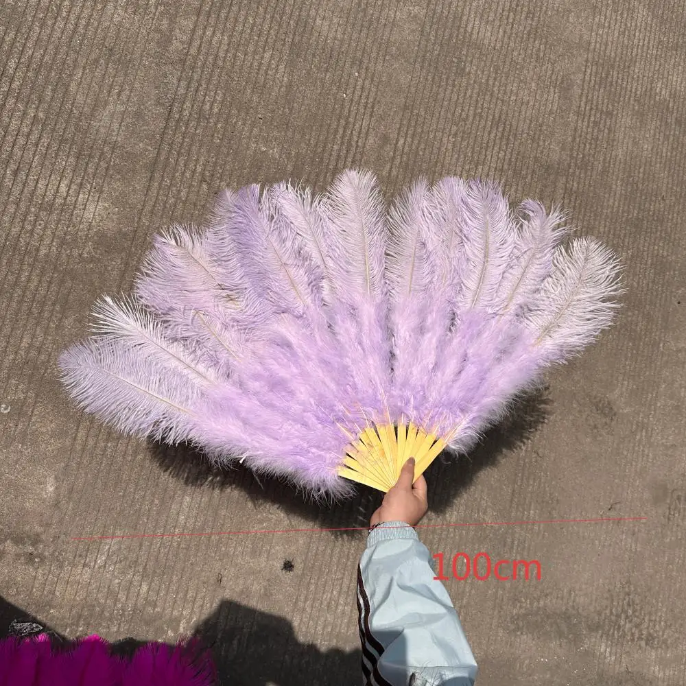 

13Bones Rose Pink Ostrich Feather Fan 100/130CM Large Ostrich Feather Fan for Dance Show Party Feather Folding Hand Fan Customed