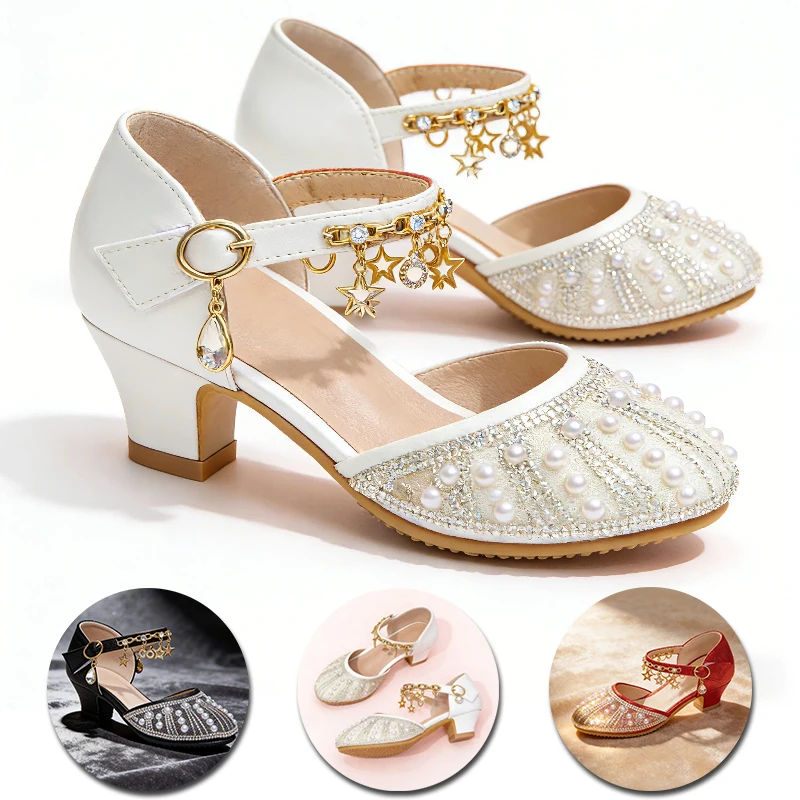 

Gorgeous Elegant Pearl & Rhinestone High Heels Girls Sandals Sparkling Ankle Party Formal Ball Flower Girl Dresses Kids Shoes
