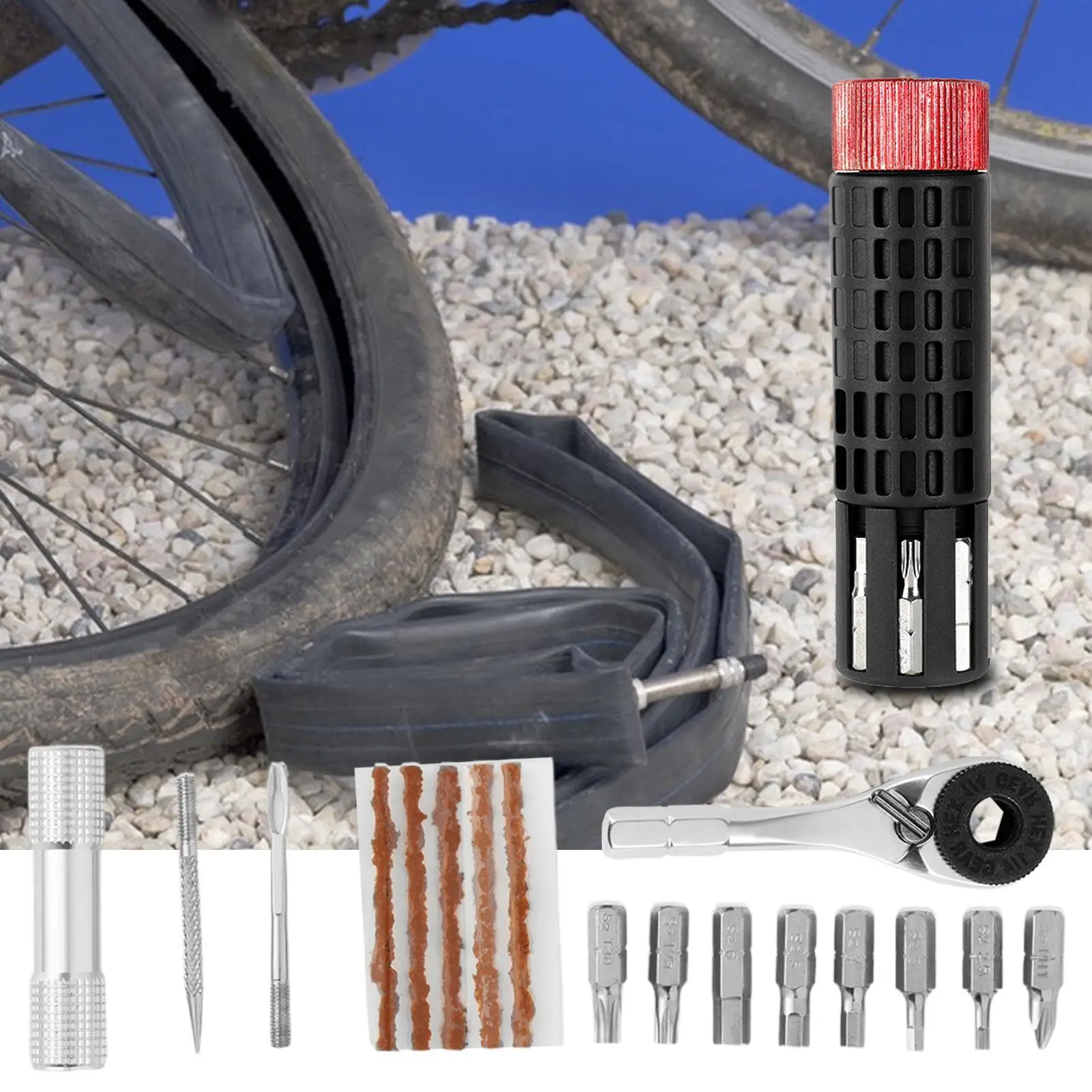

Инструменты для велосипедных шин, инструмент для обслуживания велосипедных колес, портативный цилиндрический комплект для ремонта шин с храповым механизмом для велосипедных поездок, рюкзаков