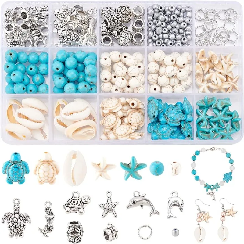 292pcs Turquoise Jewelry Making Starfish Mermaid Turtle Charms Beads Summer Beach Beads Charms Alloy Sea Pendants for Gift