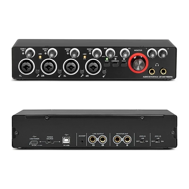 4 Channels Recording Sound Card with Driver Free Audio Interface 4-in 4-out USB Sound Card 24 bit/192khz 48V Phantom Power