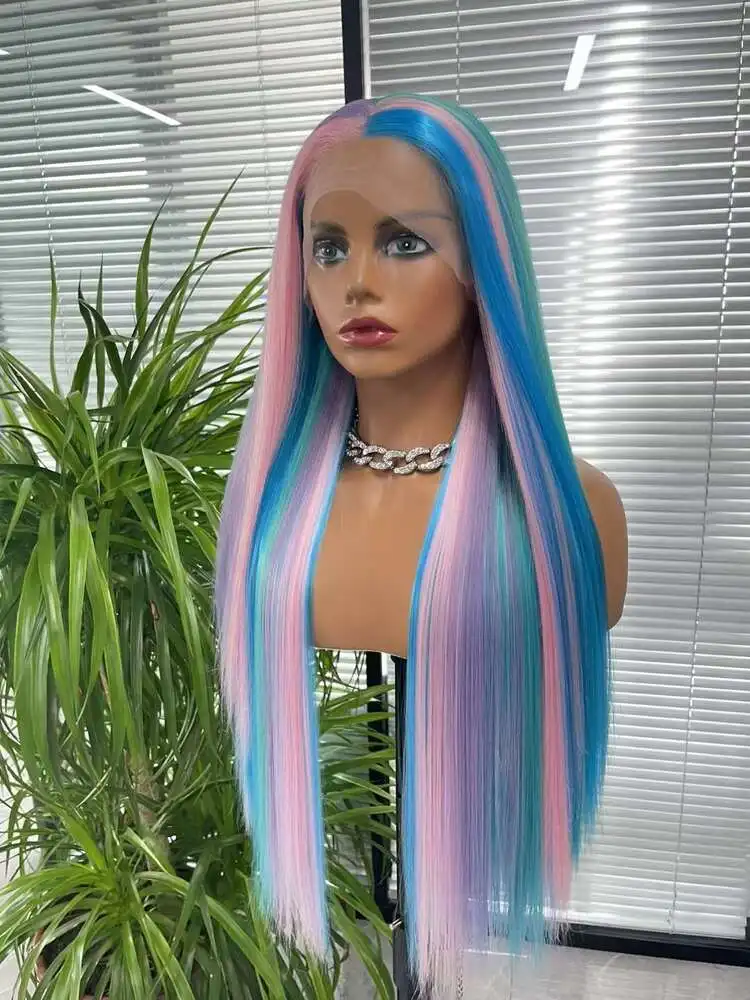 Pink Blue Purple Green Wigs Long Straight 13x3 Lace Front Wig Synthetic