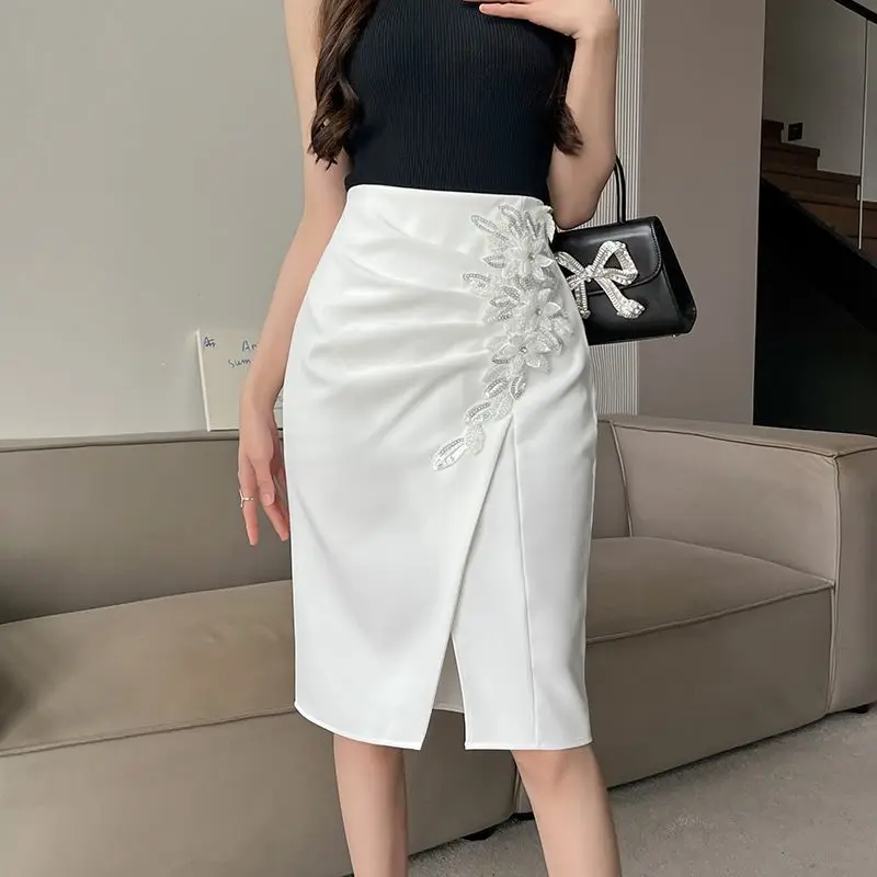 

Spring Women Clothes Temperament Embroidered Floral High Waist A-line Skirt Ladies Elegant Irregular White Skirts Femme Skirt