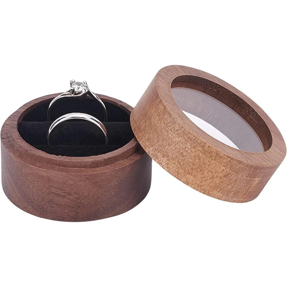 Walnut Wooden Ring Box (Coffee2x1.4inch) Round Walnut Ring Organizer with Clear Window Small Jewelry Ring Box with Two Slots