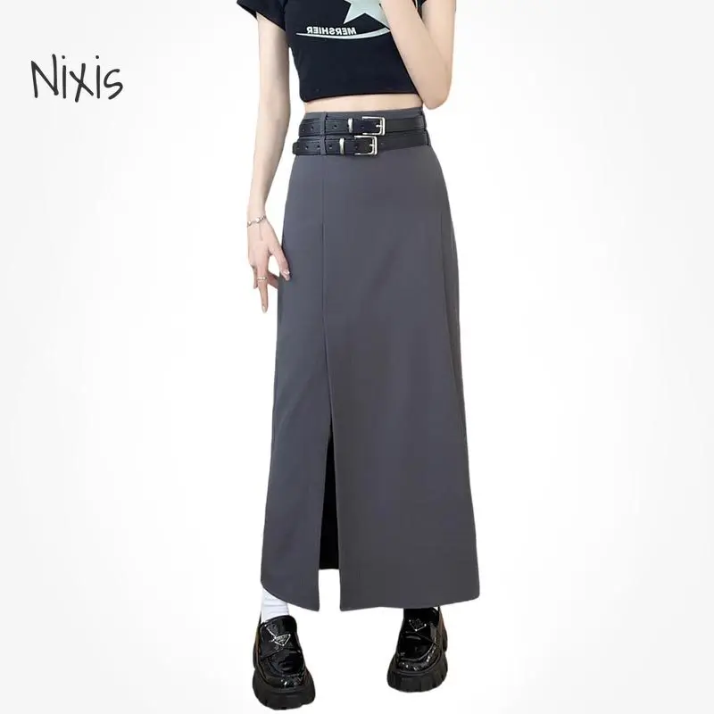 

Grey Slit Mid-length Skirt Women 2023 Vintage High Waist A-line Long Skirt Autumn Fashion Casual Preppy Style Clothing Female