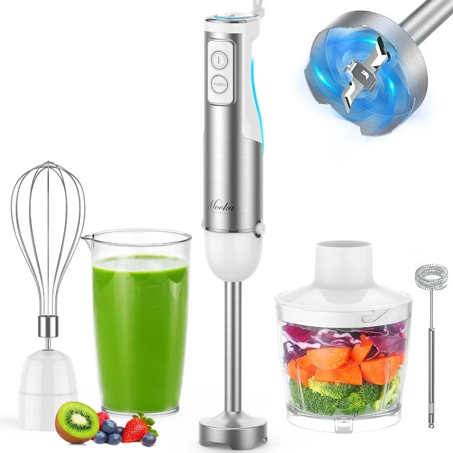 MOOKA FAMILY Juego de batidora de inmersión 5 en 1, batidora manual de 1100W y 12 velocidades con vaso de 600ml, procesador de alimentos de 500ml, batidor de huevos y leche