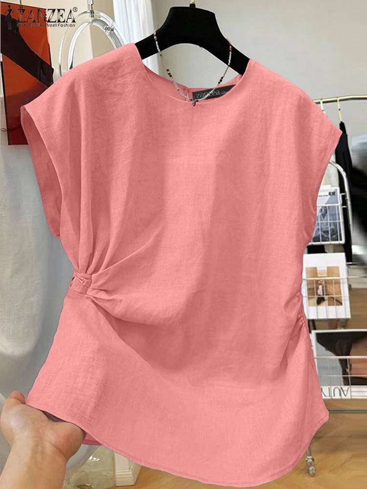 

Women Summer Sleeveless Blouse ZANZEA Stylish Office Work Shirt Fashion Holiday Blusas Mujer Casual Solid O Neck Loose Tops 2025