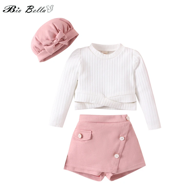 

Baby Girls Outfits Clothes Sets Spring Autumn Knitted Cross Design Long Sleeve T-shirts+Cotton Skirts+Cap 3Pcs Kids Clothing