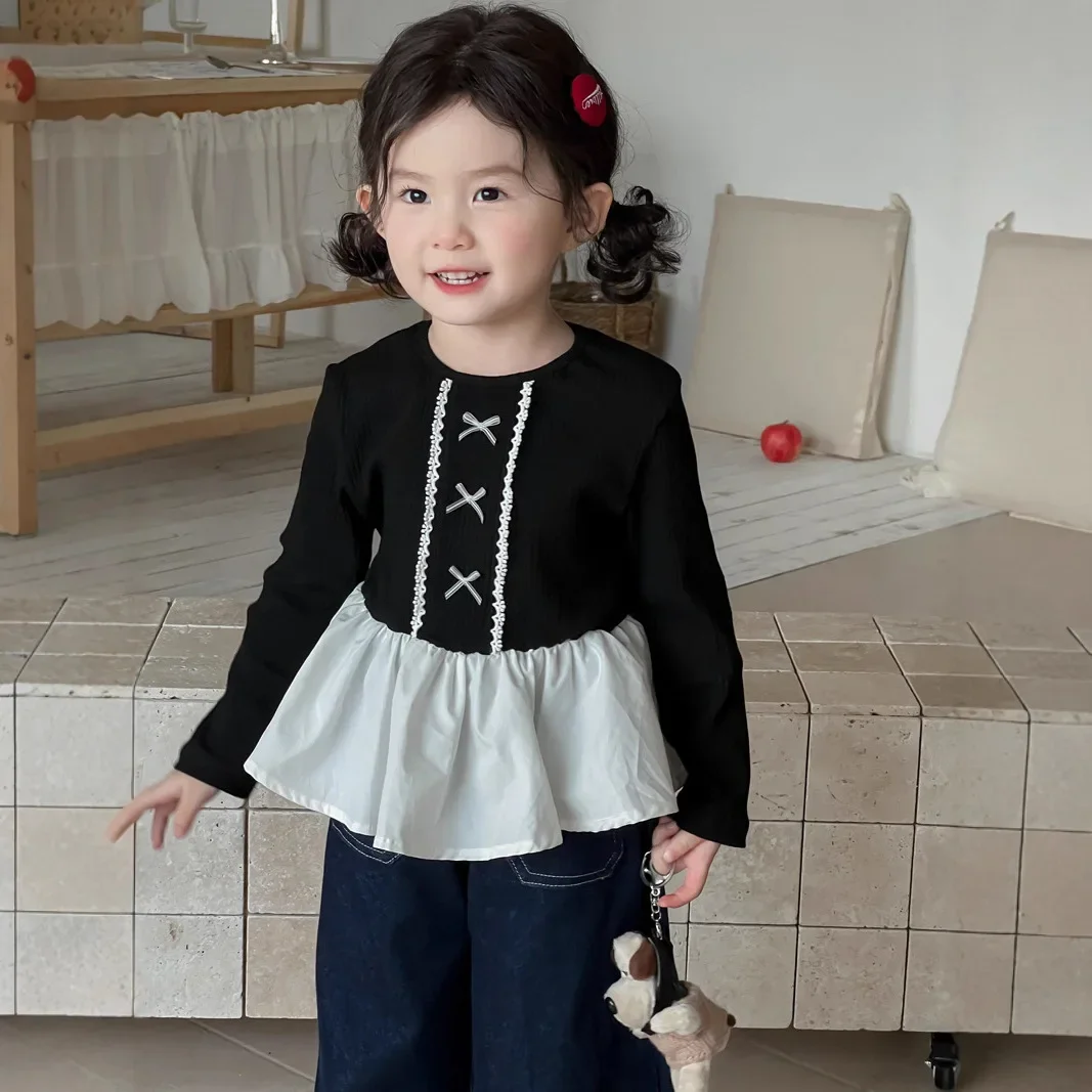 

2025 Autumn and Winter New Girls' Bow Bottom Shirt Children's Patchwork Ruffle Edge Long Sleeved Top