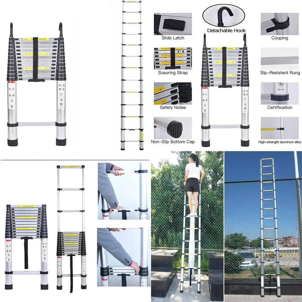 

Aluminum 5M/16.5ft Telescoping Extension Ladder - Foldable Multi-Purpose Ladder with Roof Hook for Versatile Use