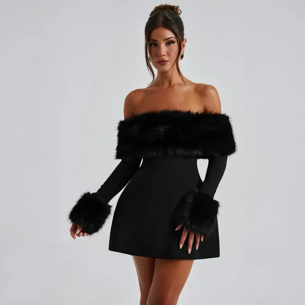 Women's Hip Hugging Dress with Fashionable Fur Collar and One Shoulder Tight Fit, Exuding A Sense of Luxury