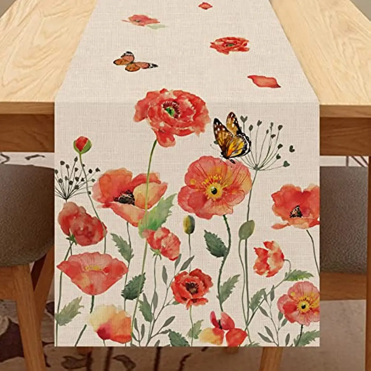 

Summer Red Floral Butterfly Linen Table Runner Kitchen Botanical Decor Table Runner for Dining Table Wedding Party Decor