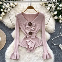 Vintage V-neck Elegant Ruffles Buttons Chic Long Flare Sleeve Slim Knitted Top Korean Fashion Streetwear High Street Clothing