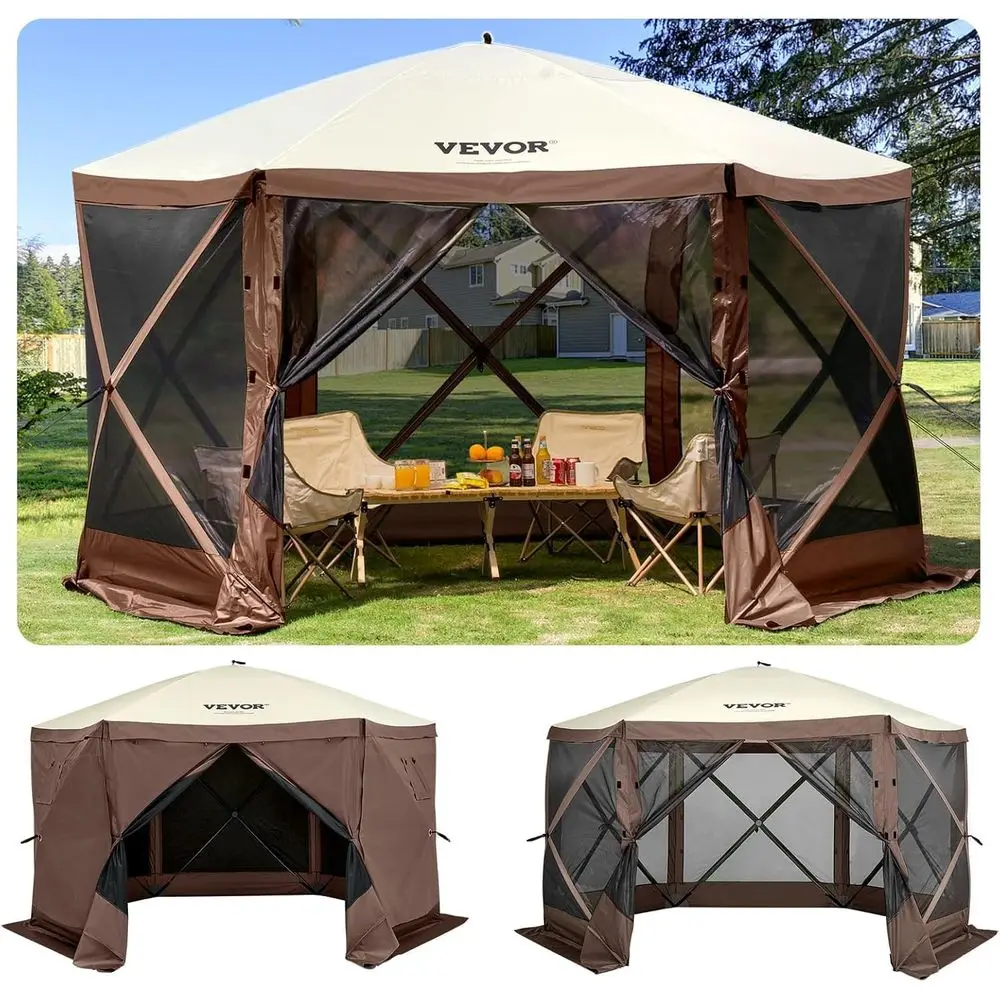 

12ft 6-Sided Up Shelter Tent with Mesh Windows, Portable Bag, Stakes, Ideal for Camping, Outdoors, Lawn, Backyard, Brown/Beige