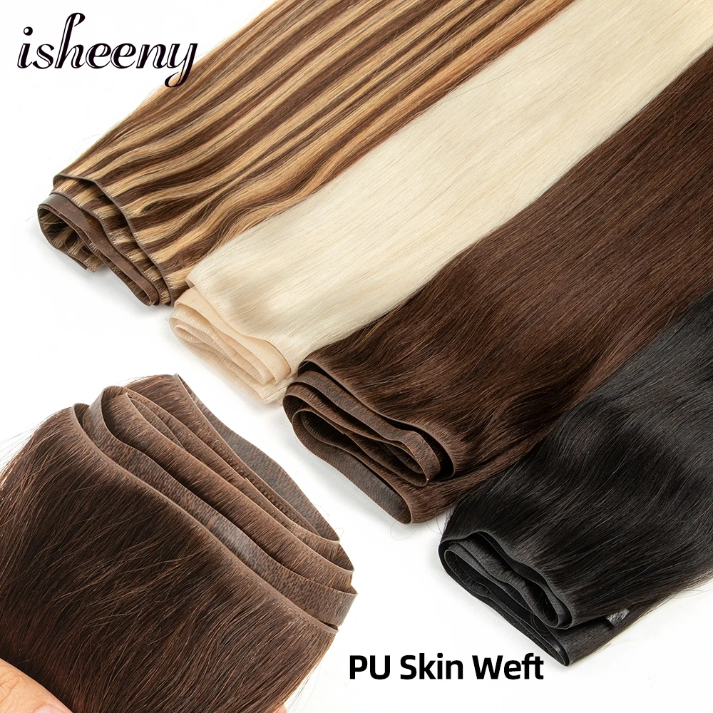 isheeny Flat Weft Human Hair Extensions Invisible PU Inject Hair Bundles Natural Blonde Micro Hair No Tape Glue 80-100g 120cm