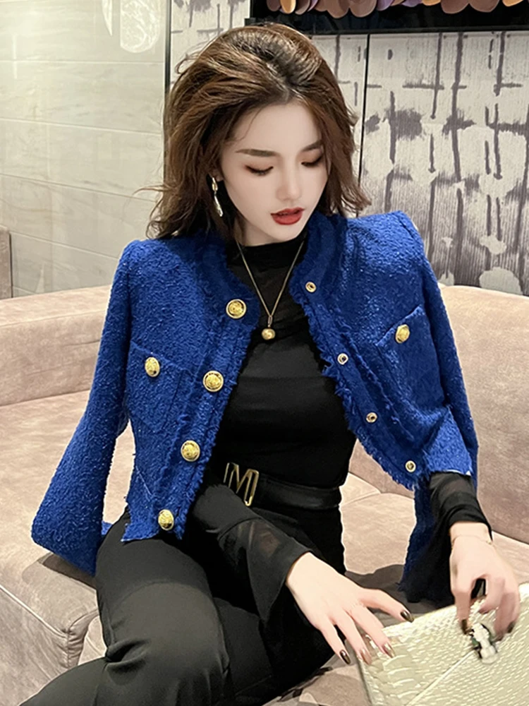 Fashion Short Jacket for Women Elegant White Blue Tweed Tops Coat Long Sleeve Buttons Femme Clothes Office Lady Street Outwear