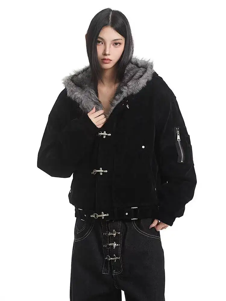 Fashion Brown Fur Hooded Cottn-padded Coat Women's Loose Aircraft Buckle Thick Short Parka Jacket Winte O0G7