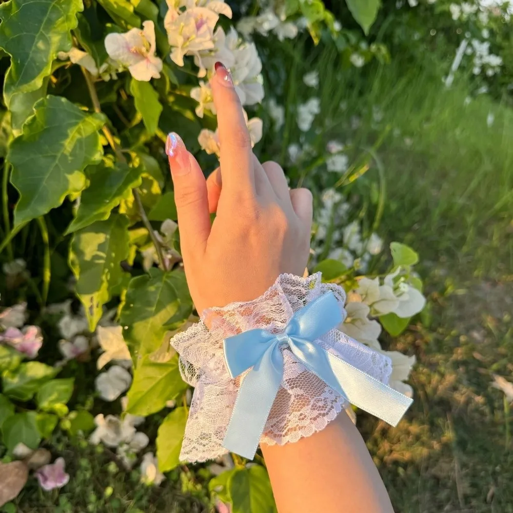 Ruffled Lace Hand Sleeve Cuffs Lolita Bowknot Fake Sleeve Gloves Sweet Satin Floral Tulle Cosplay Wristband Wrist Accessories