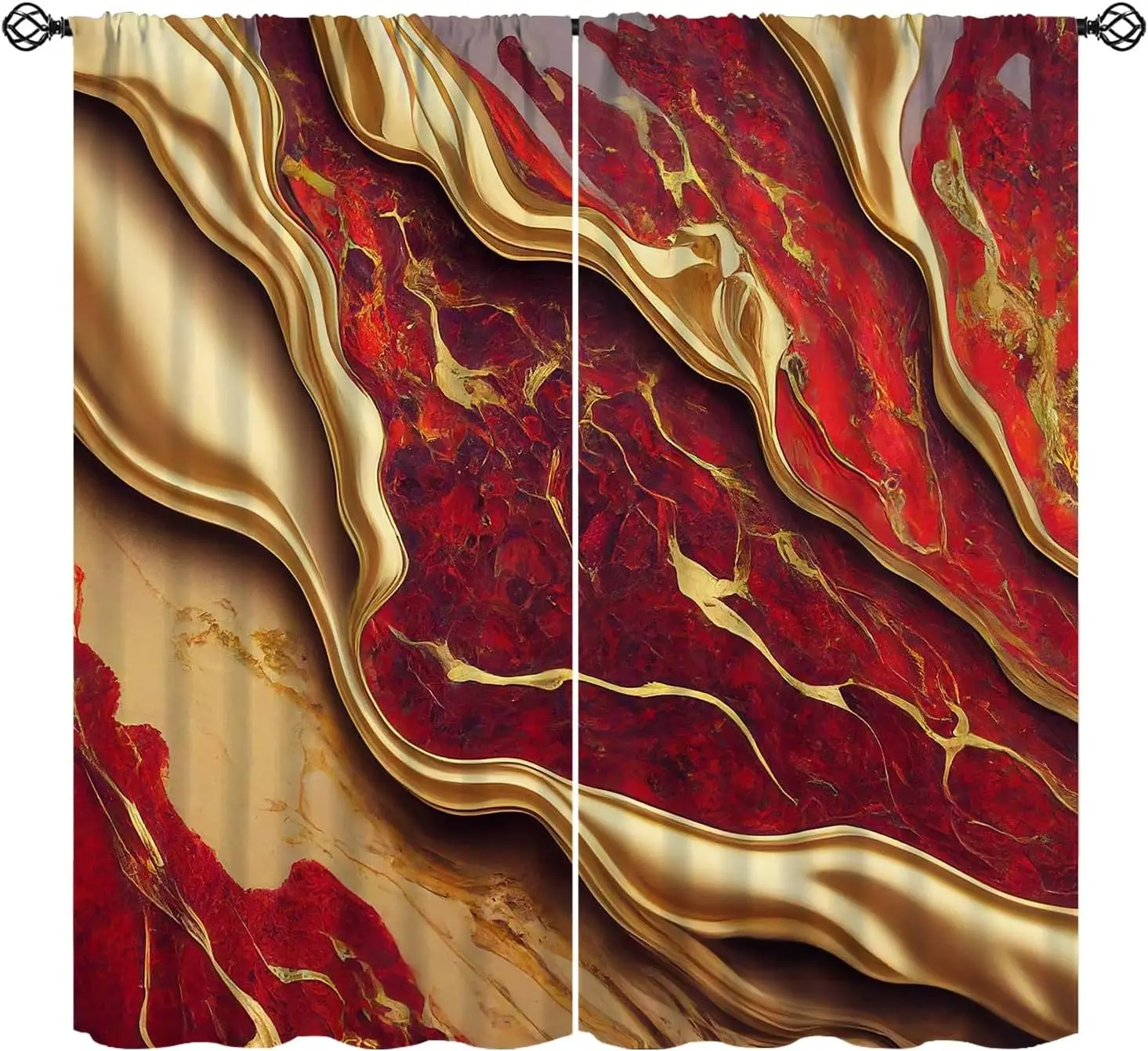Abstract Marbles Curtains, Red Gold Liquid Marble Pattern Window Treatments, Rod Pocket Thermal Insulated Drapes 2 Panel