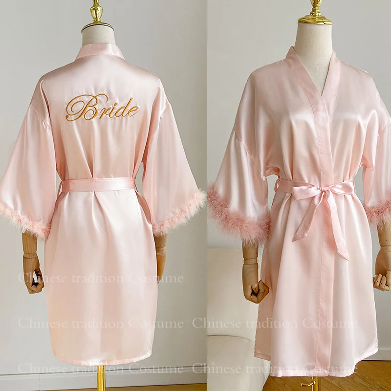 Robe de mariée blanche avec plumes pour femmes, Peignoir en Satin, robes Kimono de demoiselles d'honneur Sexy, Peignoir court, Lingerie intime de mariée