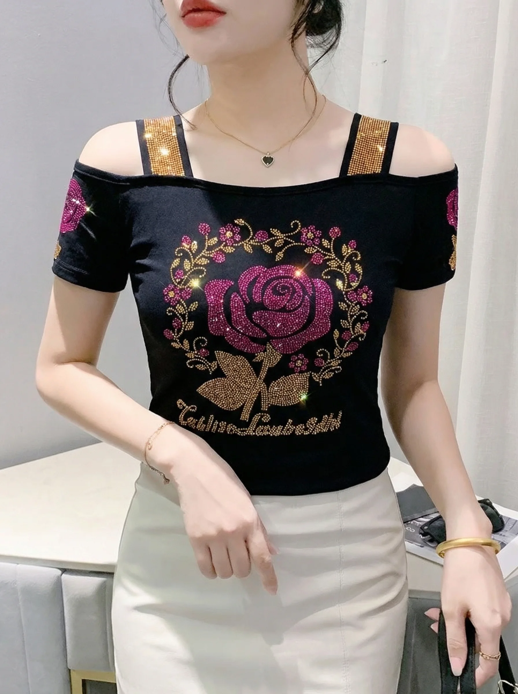 New Designer Hot Diamond Mesh T-Shirt Women Korean Style Sexy Off Shoulder Slim Tee Summer Casual Streetwear Tops