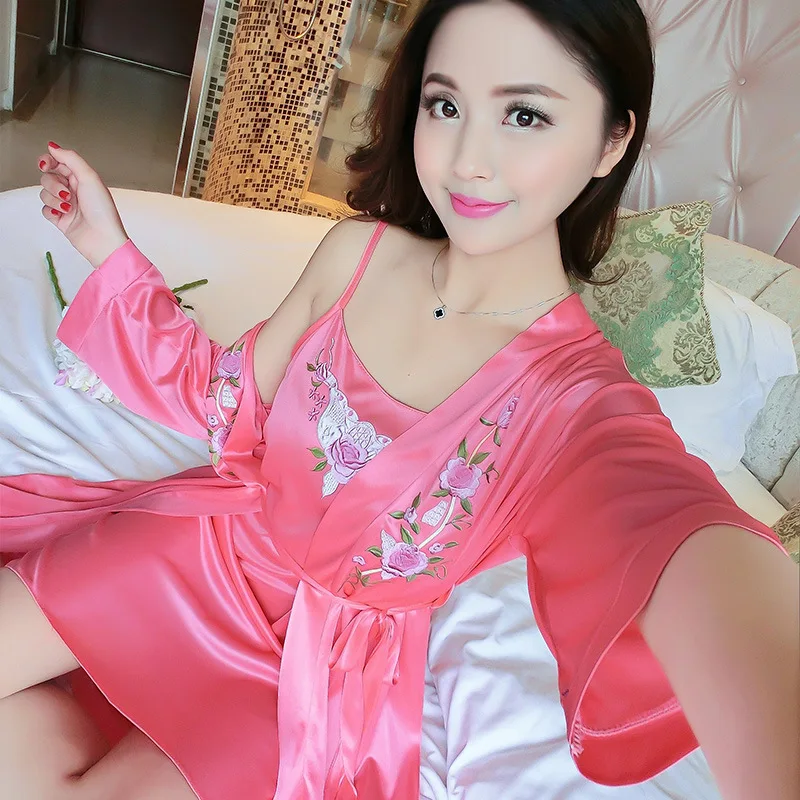 

Women's Two Pieces Robe & Gown Sets Women Silk Satin Flower Nightgowns Female Robe Nightdress Sleepwear Luxury Lingerie Suits