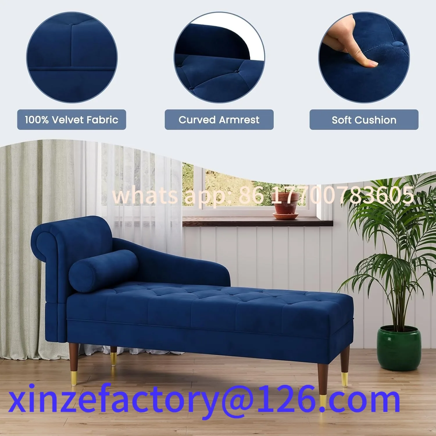 

Customizable Velvet Chaise Longue, Indoor Lounge Sofa with Left Armrest and Lumbar Pillow,