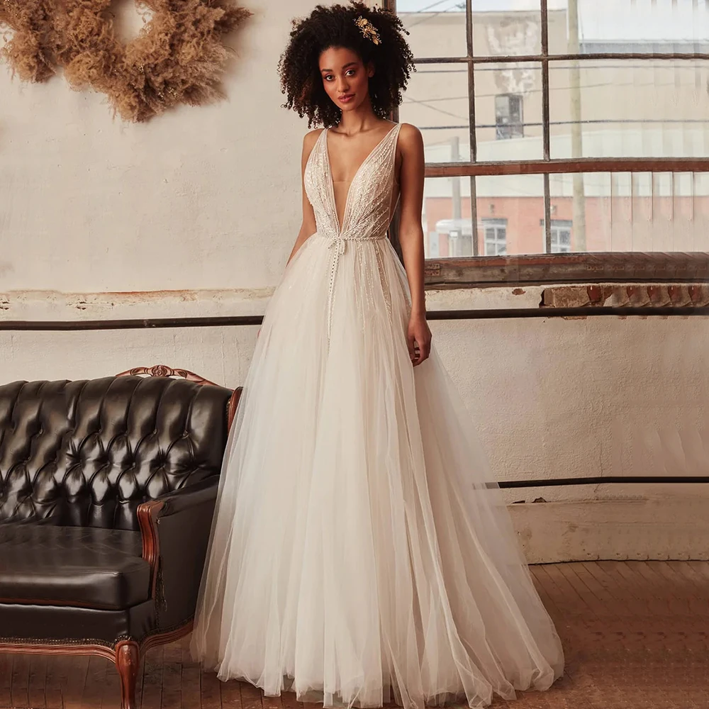 Charming Beading Wedding Dresses Deep V-Neck Sleeveless A-Line Tulle Open Back Bridal Floor Length with Sweep Train Gowns