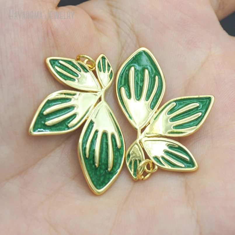 10Pcs Copper Jewelry Wholesale Leaf Shape Geometric Free Form Metal Green Enamel Gold Color Pendant PM53274