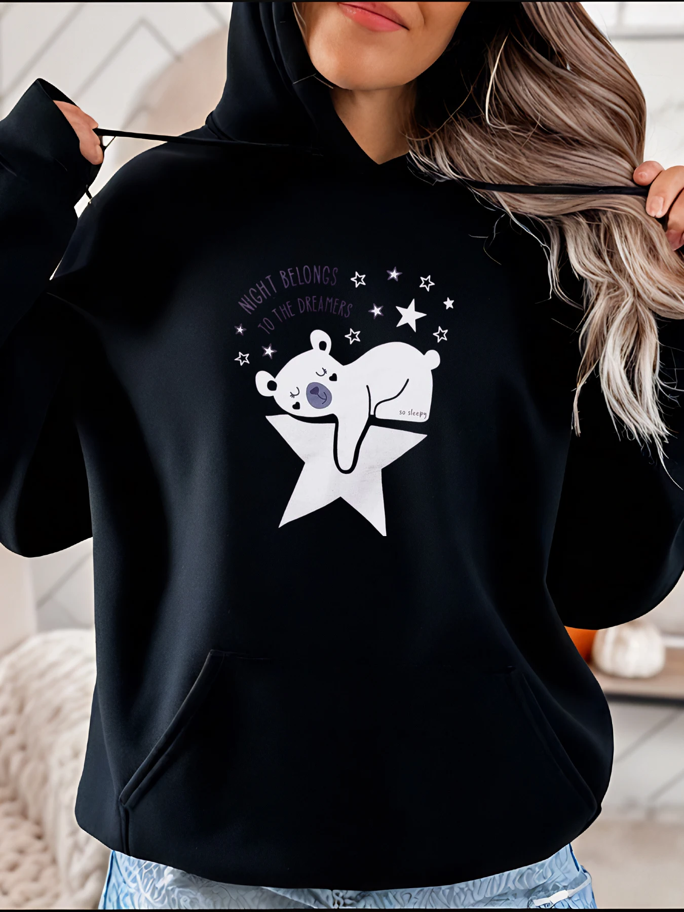 Sudadera con capucha con estampado de oso estrella, diseño informal cómodo con lindo animal y patrón de estrellas para mujer, tema de sueños nocturnos